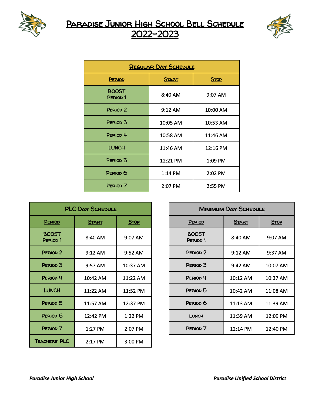 Paradise Junior High School - Bell Schedule
